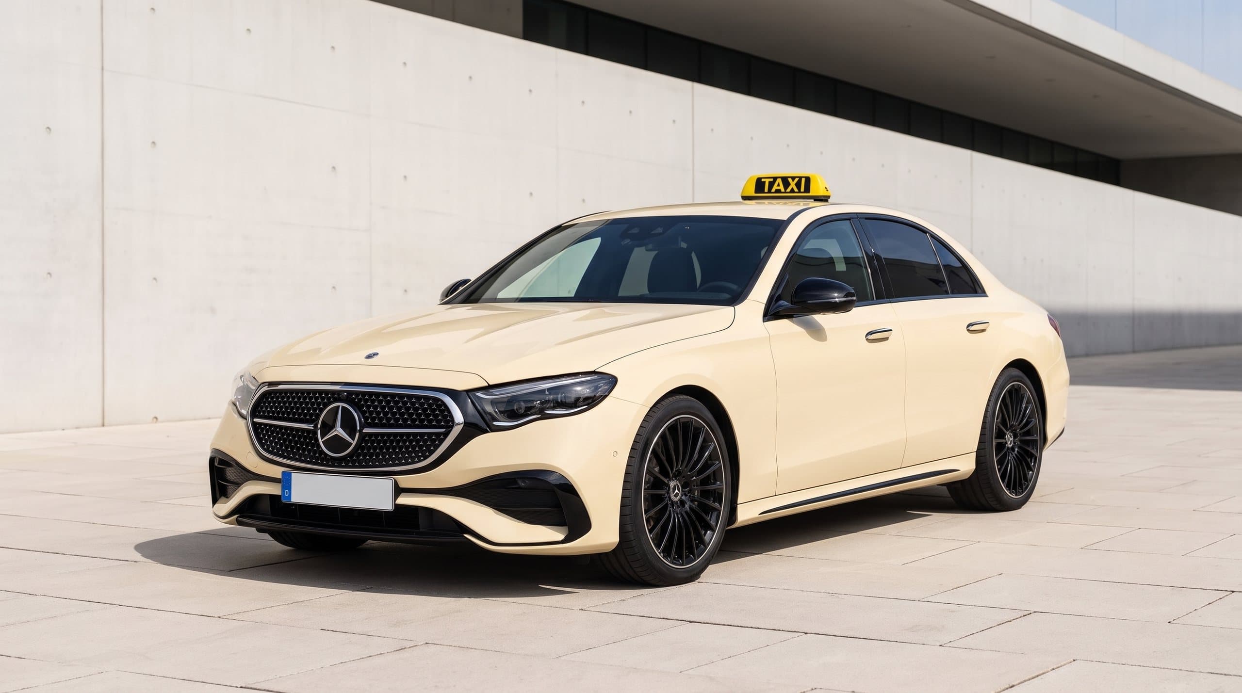 Limousine als Taxi in Hellelfenbein vor einer hellen Sichtbetonwand