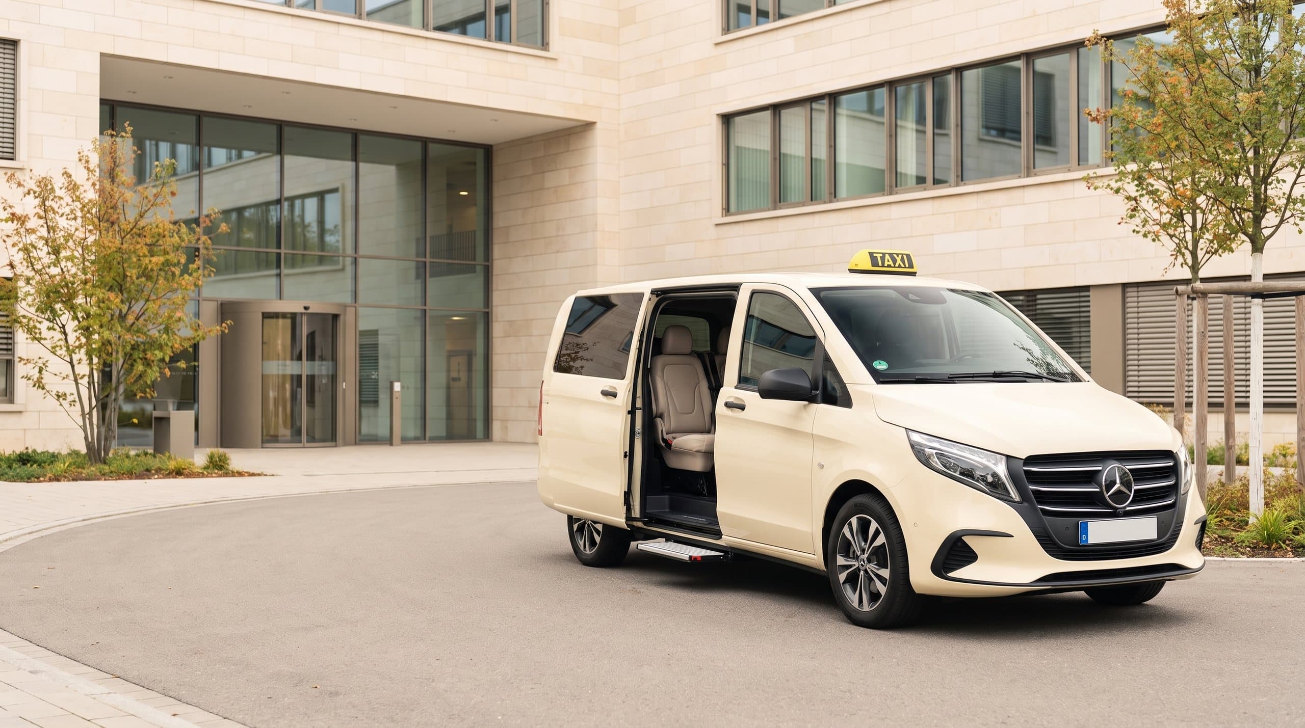 Großraumtaxi mit offener Schiebetür und ausgefahrener Trittstufe vor dem Eingang eines hellen Klinikgebäudes